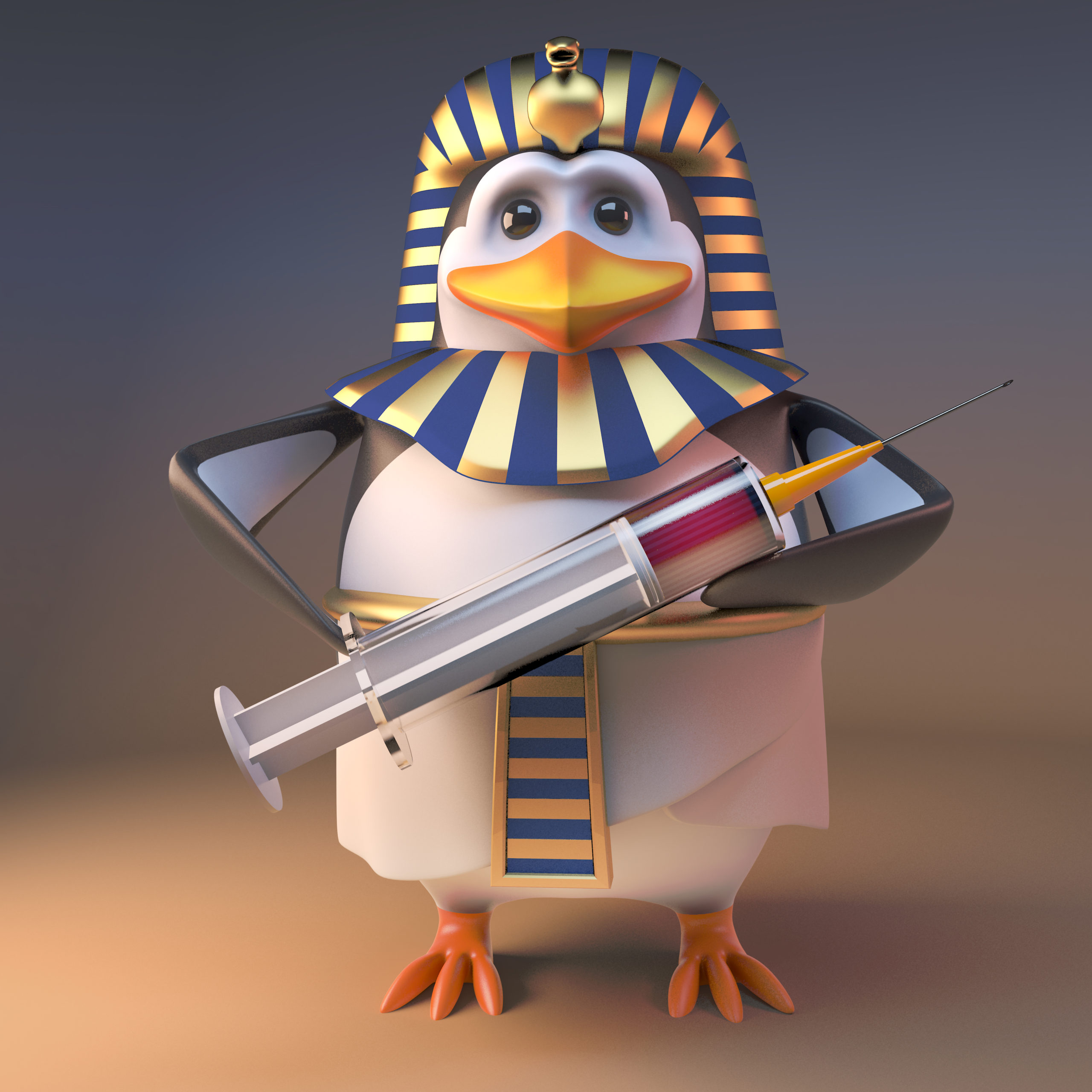 Penguin Tutankhamun with Syringe - Psoriasis Cure Now